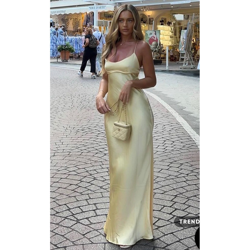NWT White Fox It's Not The Same Maxi Dress Lemon Yellow Satin Lace Up Back Small